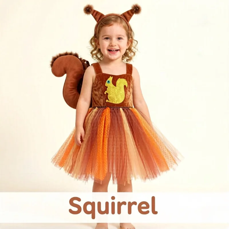 

Cute Squirrel Theme Dress Animal Cosplay Costume Halloween Party Performance Outfit Fluffy Tutu Dress Festival Play Clothes