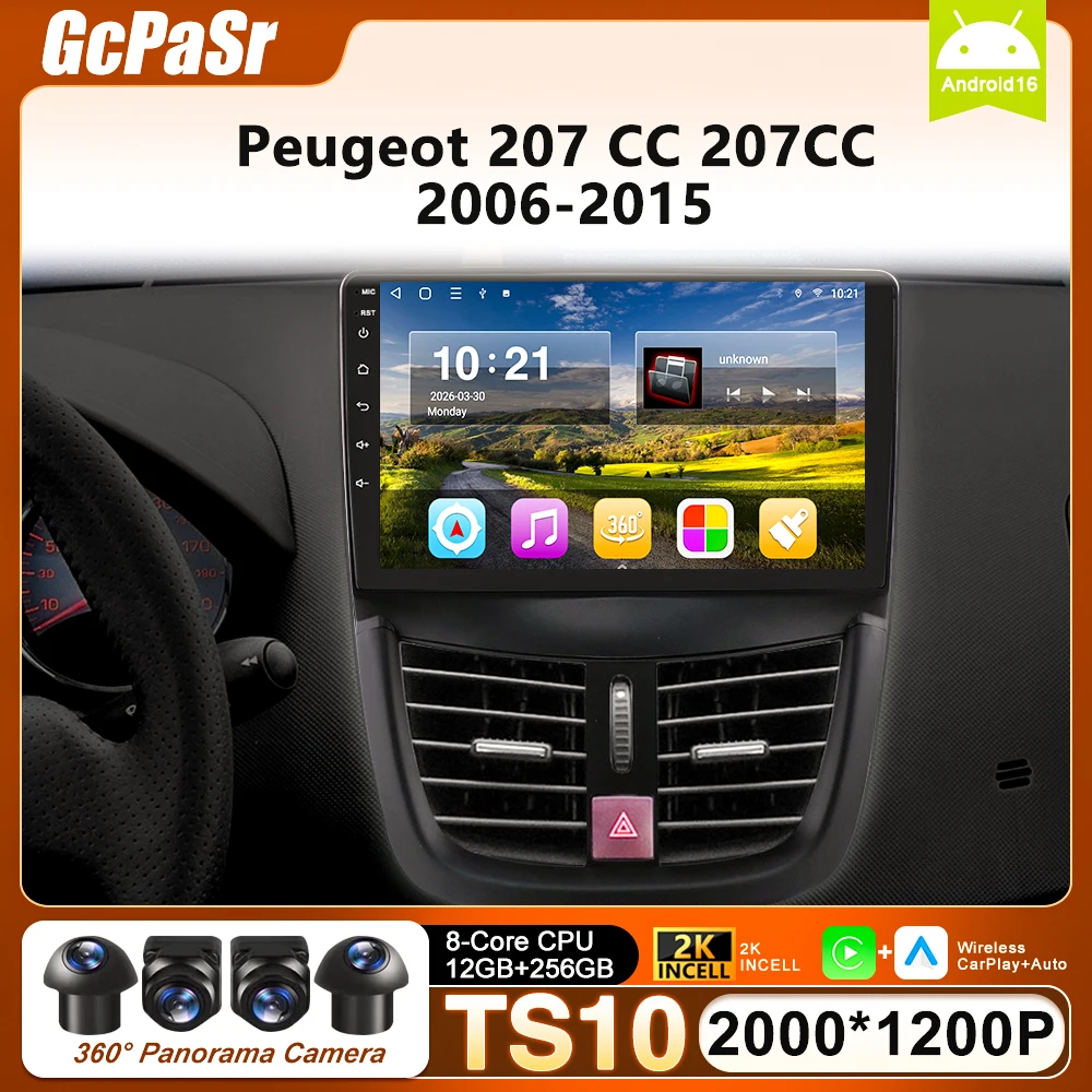 Rádio de Carro Android 16 para Peugeot 207 CC 207CC 2006 2007 2008 2009-2015, Player Multimídia Automotivo com Navegação 4G Carplay