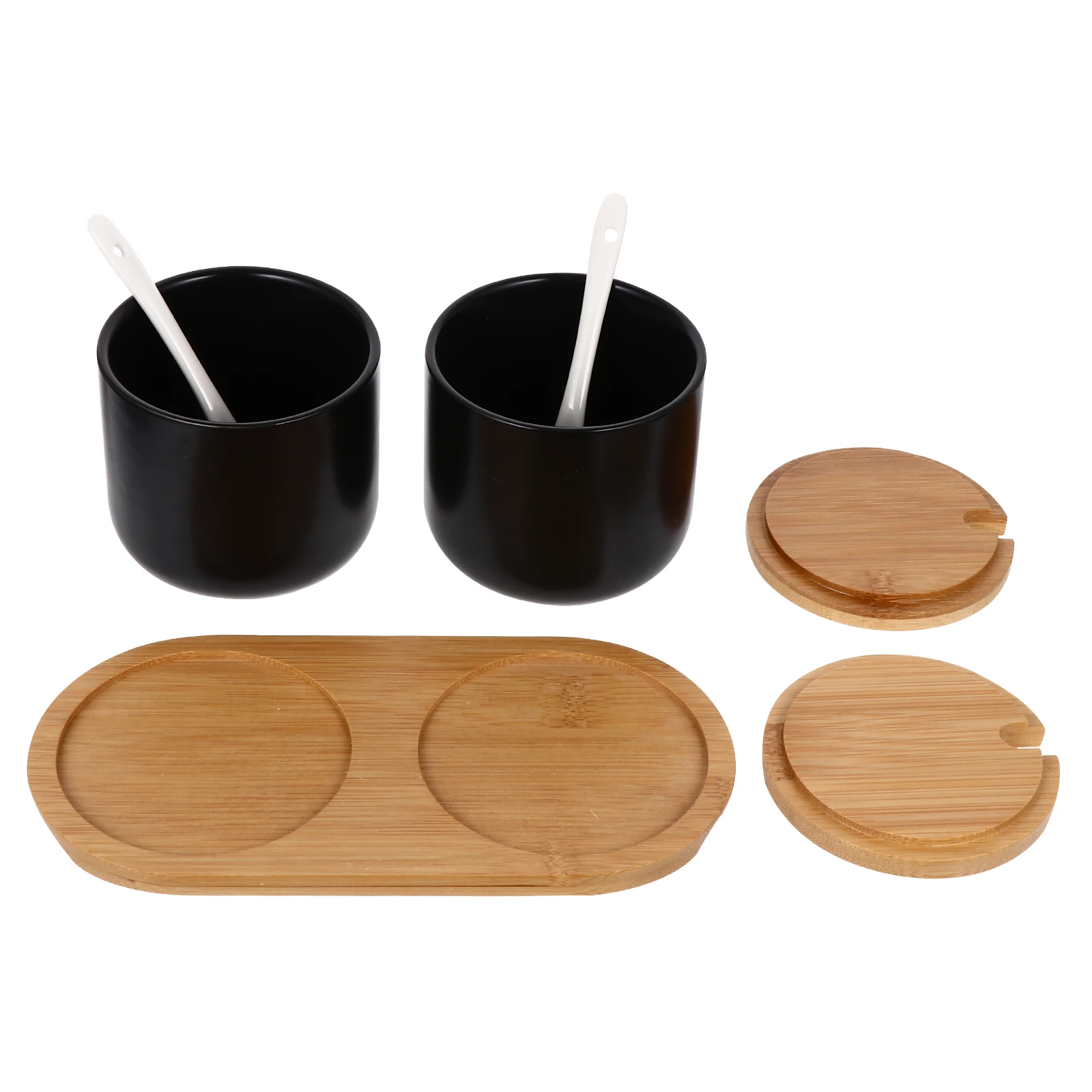 

1 set Ceramic Condiment Container Set Black High-Quality Spice Jars With Wooden Base Lid Spoon For Kitchen Seasoning Storage
