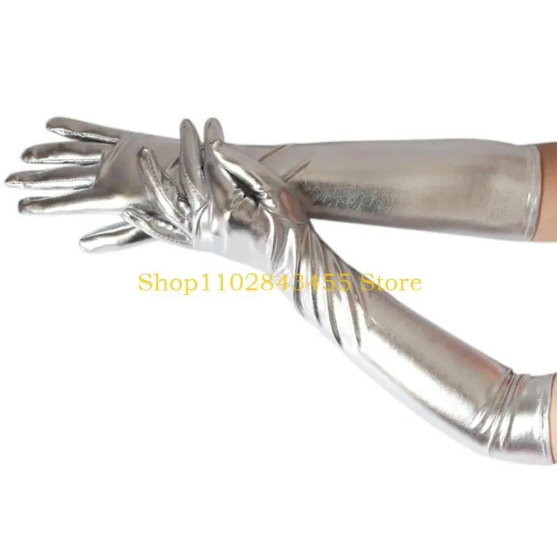 49MC 45cm Length Women Long Sleeve Gloves Banquet Dress Gloves Metallic Elastic Warm Wedding Party Bride Shinning Gloves