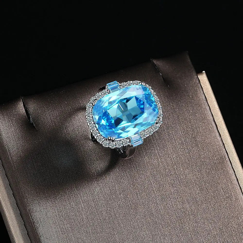 

925 Sterling Silver High-end Design Square Blue Zircon Ring Wedding Anniversary Party Gift