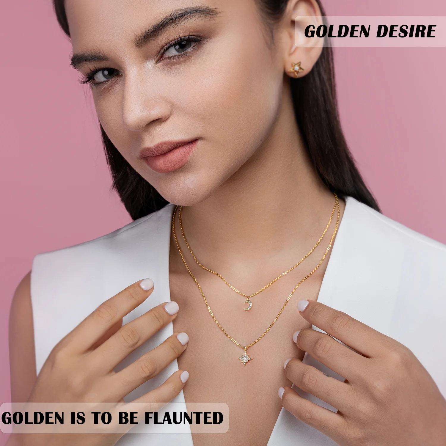 Himmlische Mond- und Stern-Lagen-Halskette, 18 Karat vergoldet, 925er Sterlingsilber, funkelnder Moissanit-Schmuck für Frauen, elegante Nacht