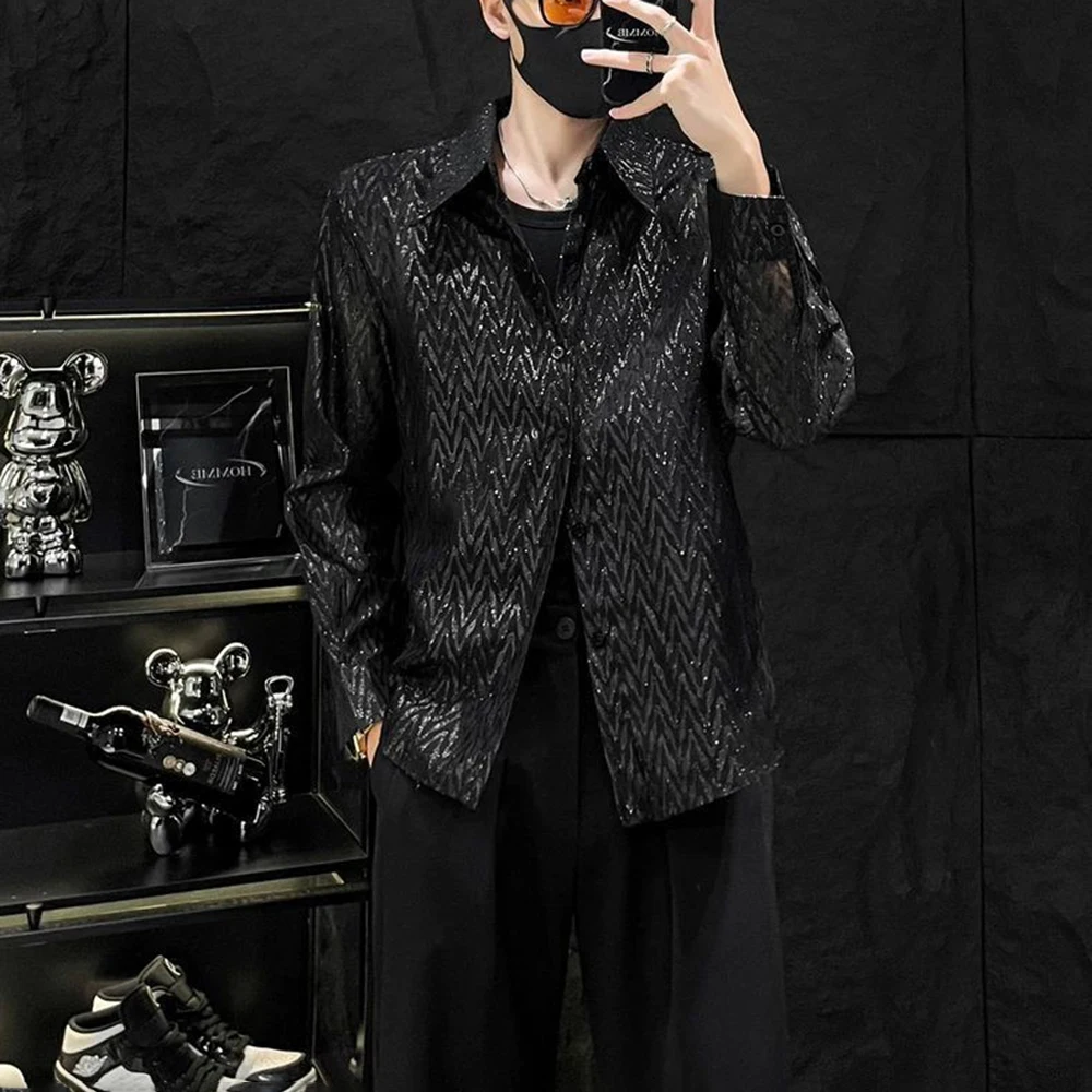 

Мужская рубашка с блестящими подплечниками, бальная рубашка, уличная одежда для ночного клуба, сценического выступления, топ с длинными рукавами, мужская одежда, новинка 2023 г.