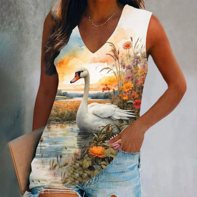 Animal Bird Swan Ink Painting 3D Print Tank Tops Women Streetwear Oversized V-Neck Vest Off Shoulder Sleeveless Woman Camisole