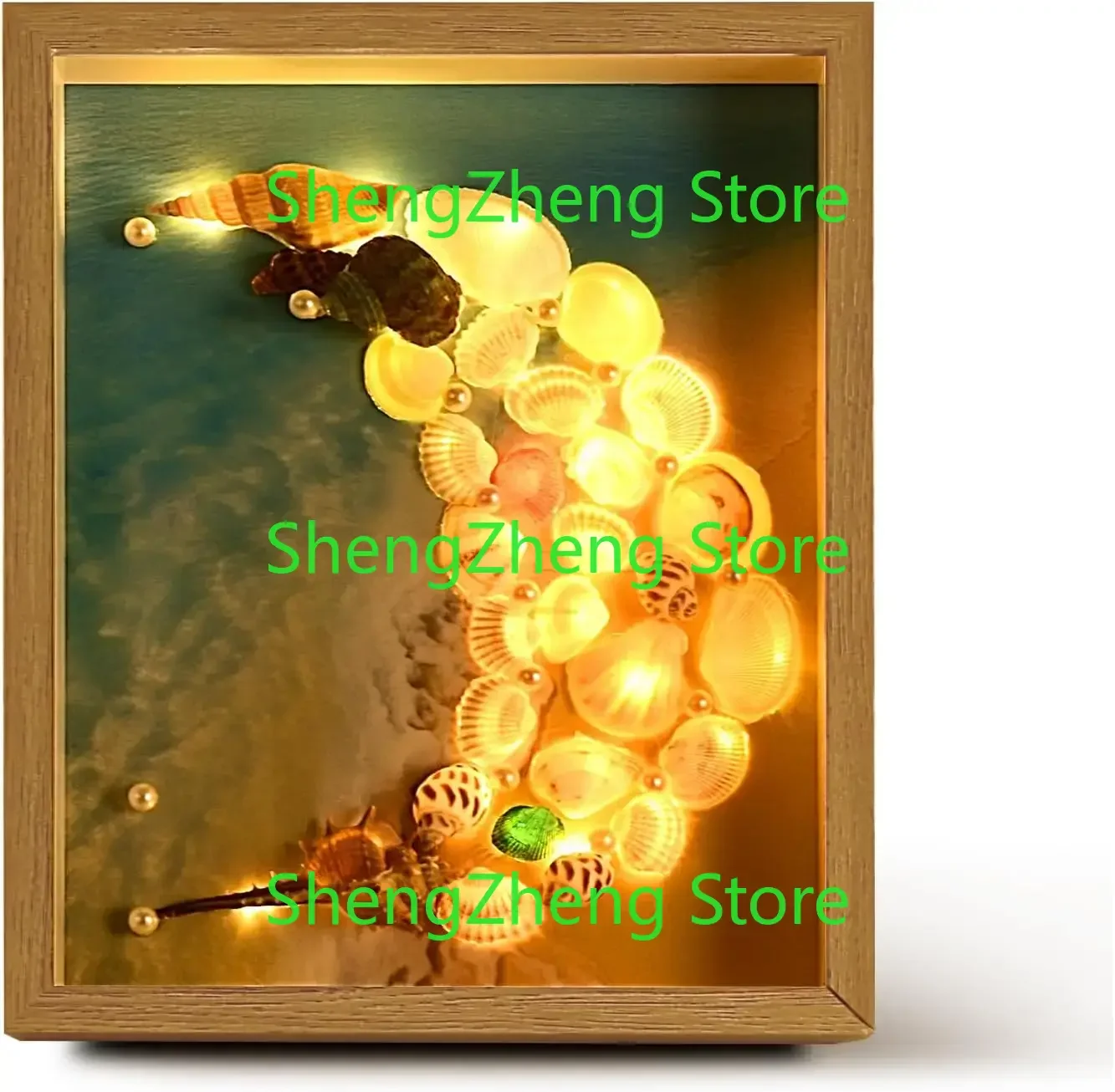 Sea Shells Painting Picture Frames with LED String Lights, Creative Seashells Moon or Heart Shapes Frame for Home Living Room