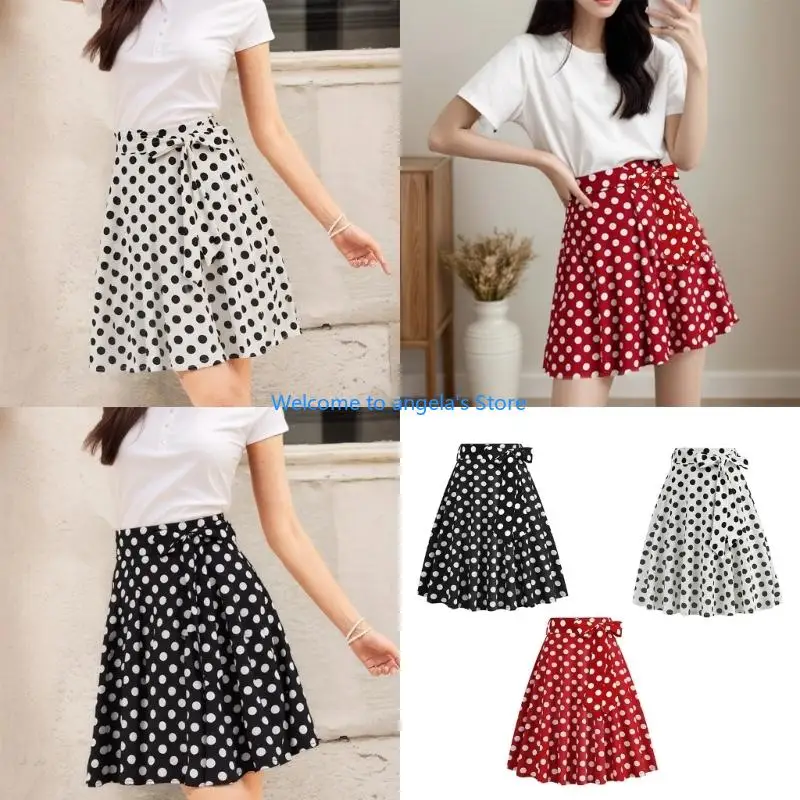 X4YC Retro Pattern Polyester Midi Skirt Dots Print Breathable Stretch Fabric Women Casual Party Wear High Waist Flared Skirt