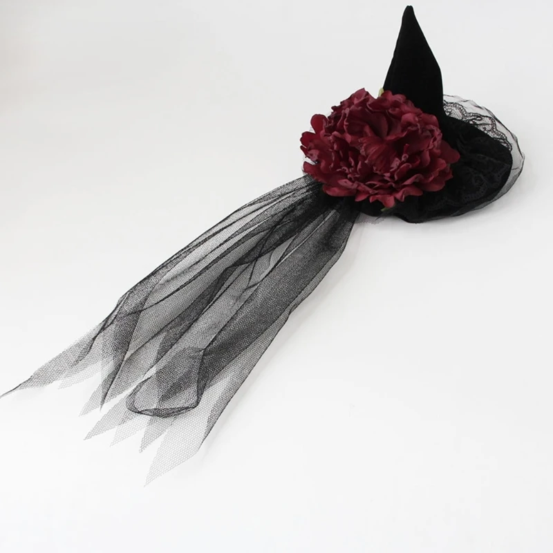 Gothic Miniature Witch Hat Headpiece with Wine Red Faux Flower, Black Lace and Flowing Tulle Veils for Halloween Parties Y08E