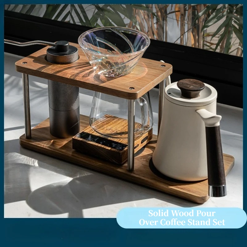 Solid Wood Pour Over Coffee Stand Set, Coffee Grinder, Kettle, Dripper & Server, Premium Coffee Holder Rack