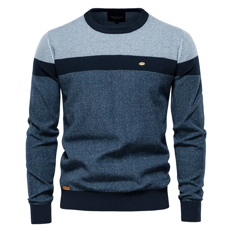 Autumn Winter Men's Fashion Color Matching Round Neck Casual Pullover Sweater Slim Fit Striped Patchwork Long Sleeve Knitwear