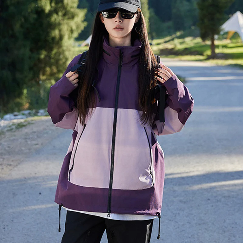 

Loose Hooded Women's Windbreaker Jacket Fashion Mix Color Windbreaker Jacket Woman Outdoor Zipper Up Windproof Sports Coats Lady