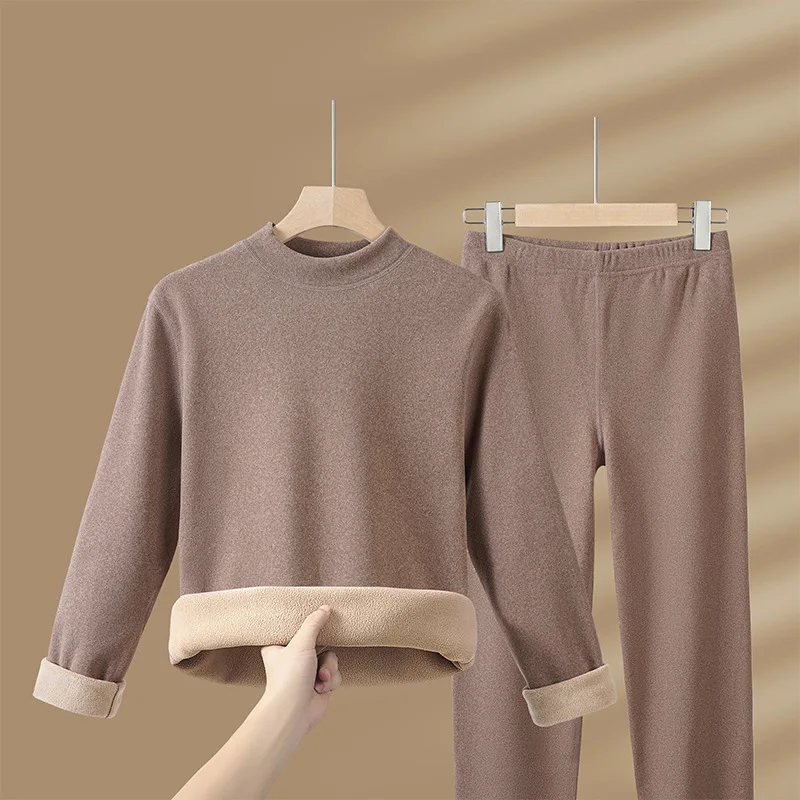 

Camel Wool Thermal Underwear Set Women Mid Neck Fleece Lined Thickened Winter Thermal Clothes Pants Outwear Coldproof Plus Size