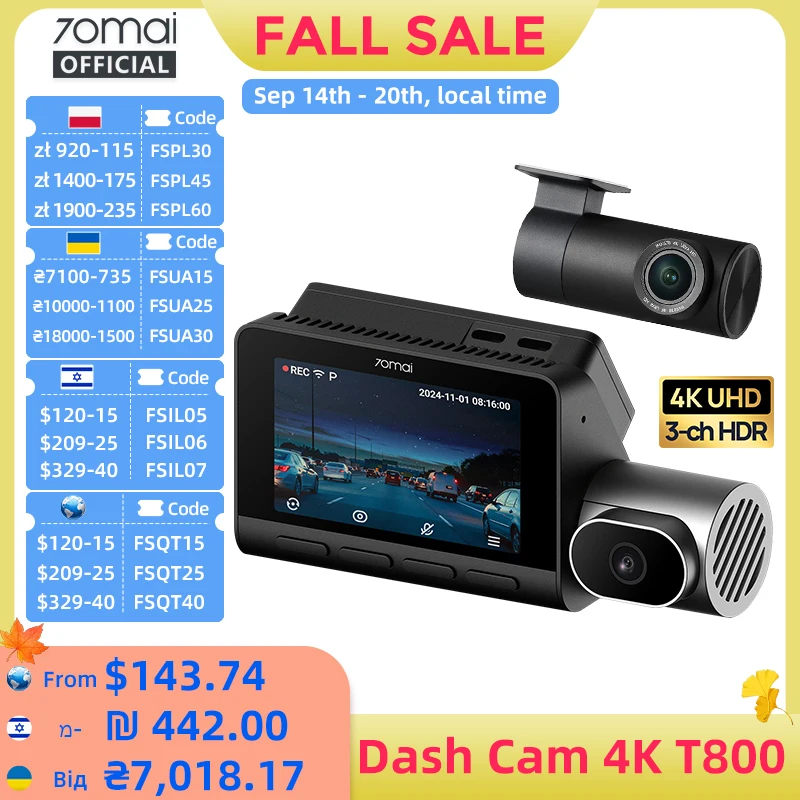 70mai T800 3-Channel HDR Car DVR Front 4K+Rear 4K/1080P+Interior 1080P Voice Control Super Capacitor GPS ADAS Support 4G Wifi 6