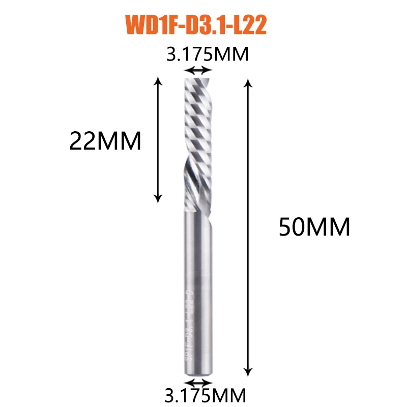 1 st AAAAA enkele fluit down cut spiraal frees 3.175 schacht spiraal molen 3D graveren carving bit voor houtbewerking WD1F