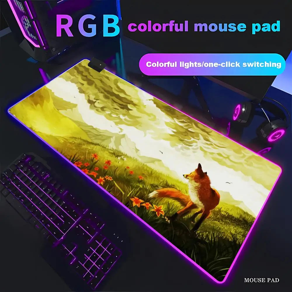 HYBXAXC Mousepad Anime Fox Kawaii Mouse Pad Pc Gaming Beautiful RGB Gamer Large LED Accessiores Non-slip With Lockedge Deskmat