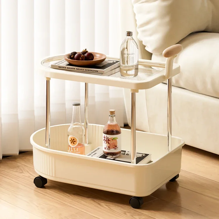 Cream Style Mobile Storage Cart, Multi-Tier Rolling Shelf Unit with Wooden Handles, Versatile Nightstand Snack Cart for Home
