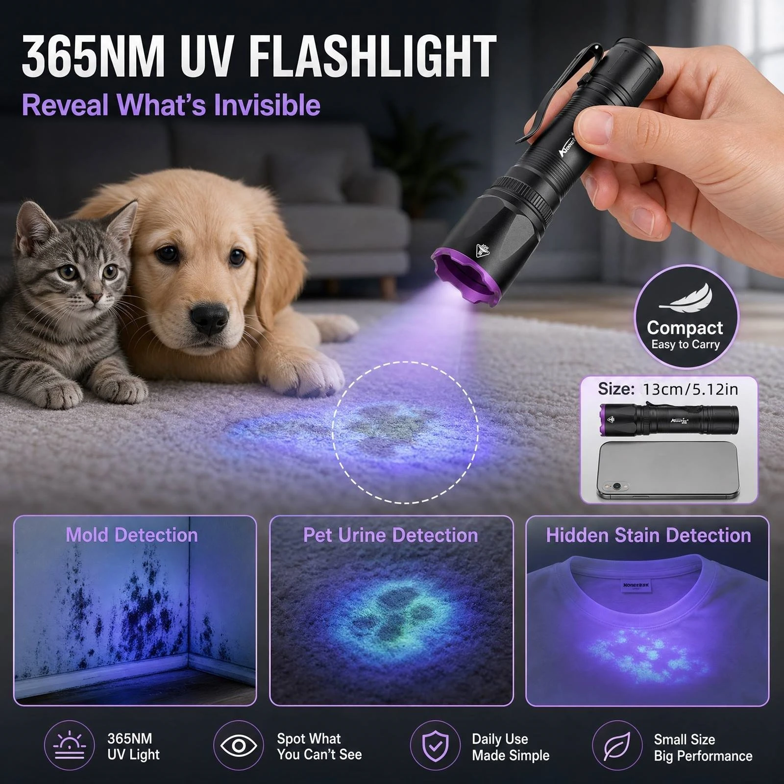 Alonefire SV120 365nm UV Flashlight High Power Blacklight Torch Rechargeable Cat Dog Pet Stain Money Ore Jade Gem Scorpion Lamp