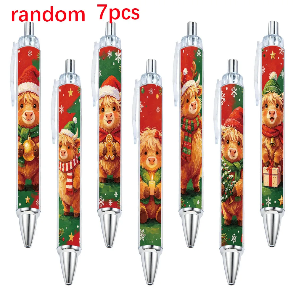 7pcs oil painting style Christmas highland cow theme press ballpoint pen holiday gift pen pattern random