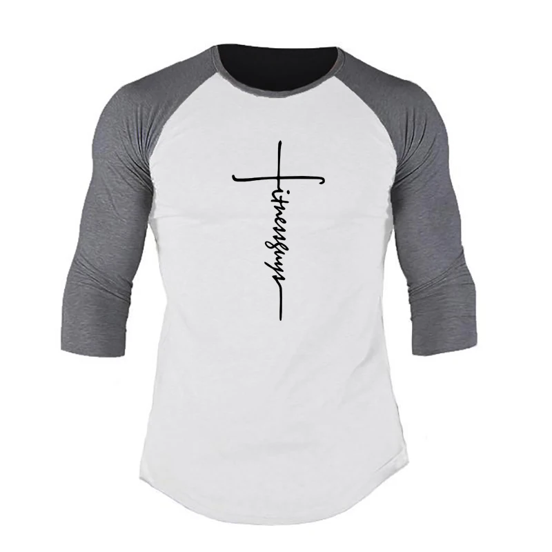 Summer Cotton Breathable Slim Fit Shirts Three Quarter Sleeve Mens Fitness T-shirts Gym Bodybuilding Muscle Hip Hop Clothing