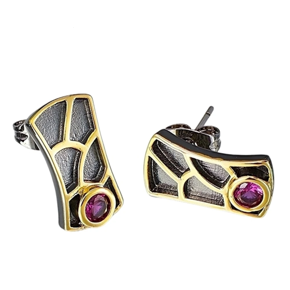 

Fuchsia Cubic zircon Gold+ Gun Black 2 Tone Plated Copper Jewelry Branch Net Rectangle Irregular Shape earrings