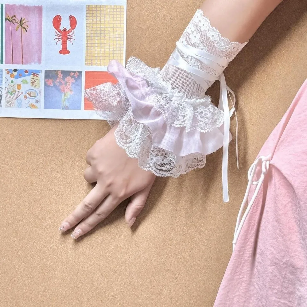 Ruffled Lace Women's Fingerless Gloves Ribbon Tie Floral Pattern Lace Arm Sleeves Lolita Style Elastic Band Wrist Cuffs