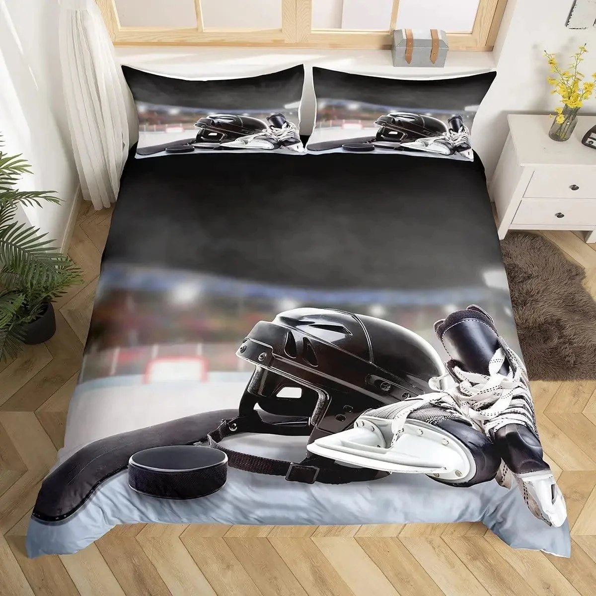 Ice Hockey Duvet Cover Twin Queen for Kids Boys Girl Young Man Winter Ice Sports Games Comforter Cover Helmet Skates Bedding Set