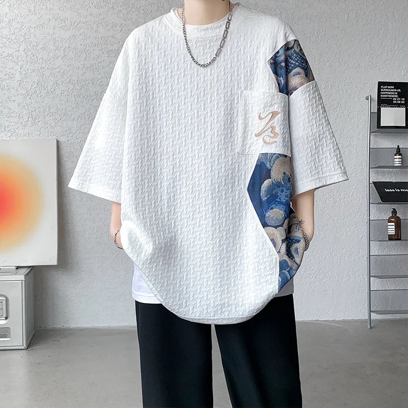 Men's Oversized Bear Print Patchwork T-Shirt Textured Fabric Casual Summer 2026 Couple Tshirts Round Neck Tops