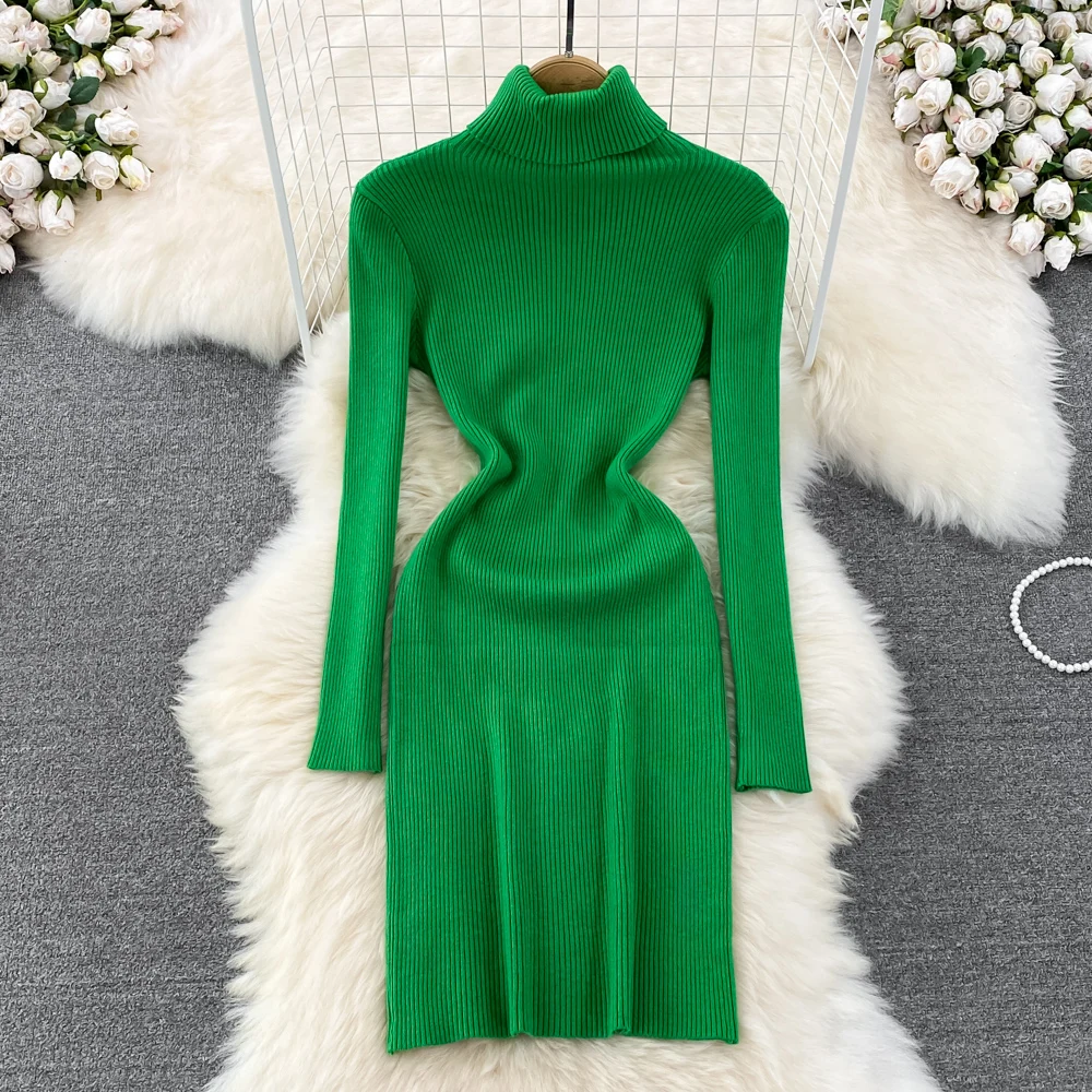 

Autumn Winter High-collar Sweater Thickened Slim Medium Turtleneck Knitting Dress Womens White Bottoming Sweater Dress 13 Colors