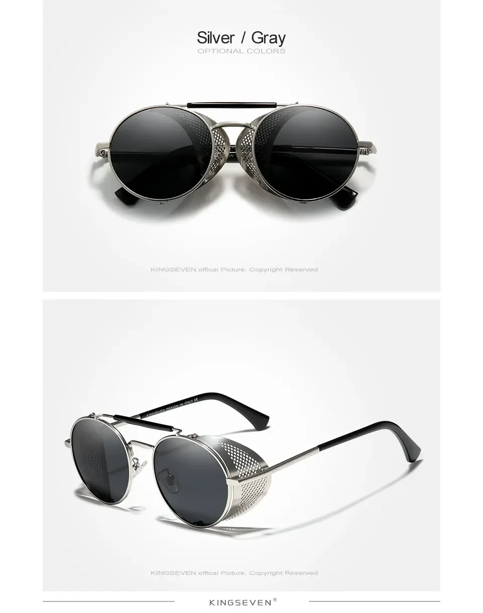 KINGSEVEN Mode Steampunk Vintage Sonnenbrille Männer Runde Linse Polarisierte Augenschutz Gläser Fahren männer Brillen – Detail 5