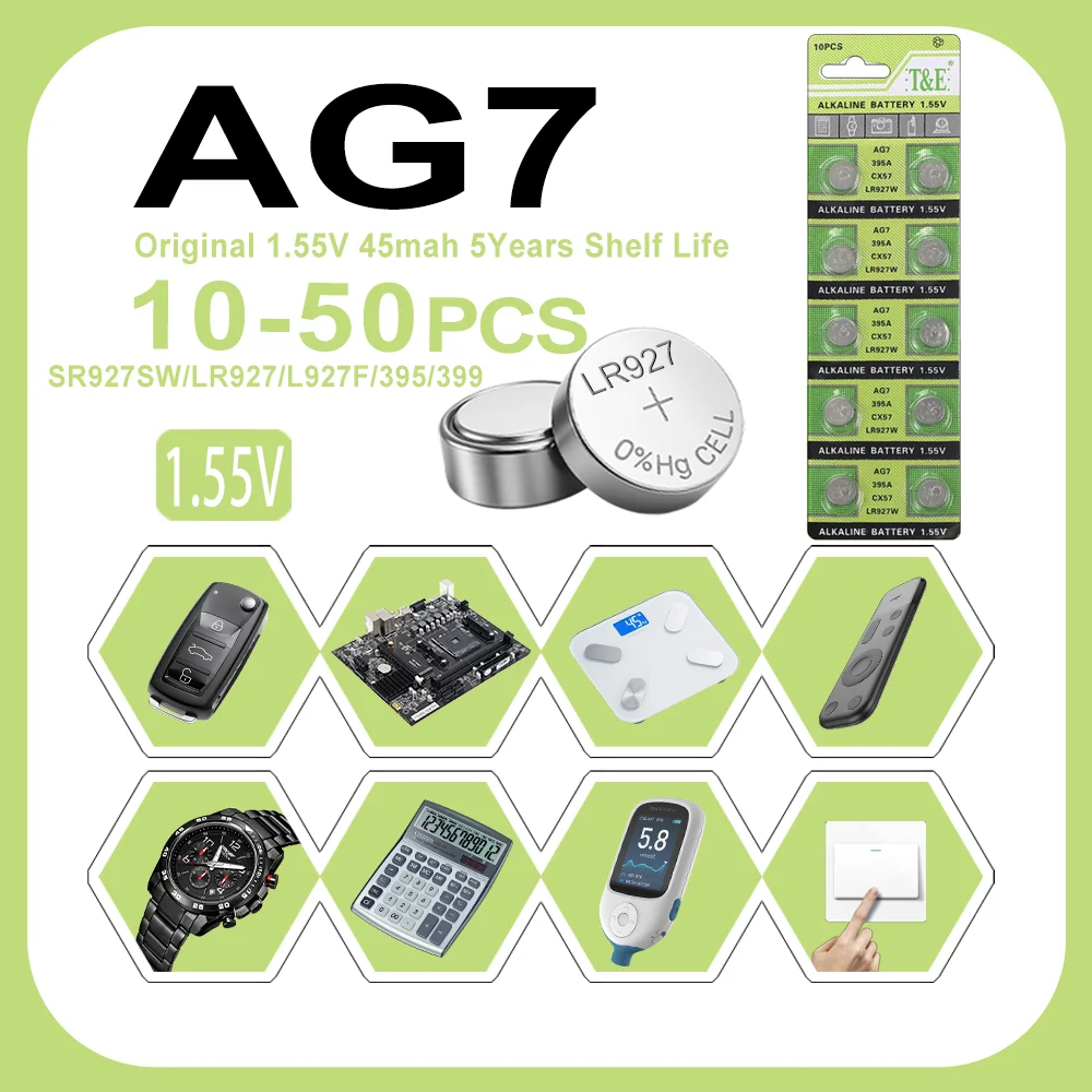10PCS-50PCS 1.55V AG7 LR927 LR57 SR927W 399 GR927 395A AG 7 Battery Button Batteries For Watch Toys Remote Cell Coin Battery