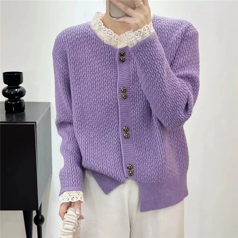 ﻿ Women's Sweater Fashion Lace Edge Splicing Soft Knitted Cardigan Autumn New Female Long Sleeve Versatile Sweaters Jacket