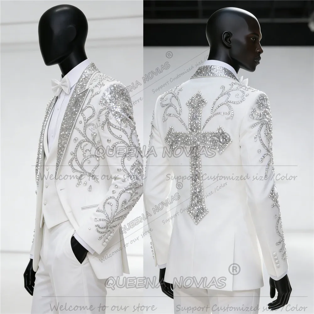 

Exclusive Beaded Crystals Suits Men For Wedding Sparkly Sequins Label Prom Blazers Groom 3Pcs Banquet Wedding Tuxedos Customized