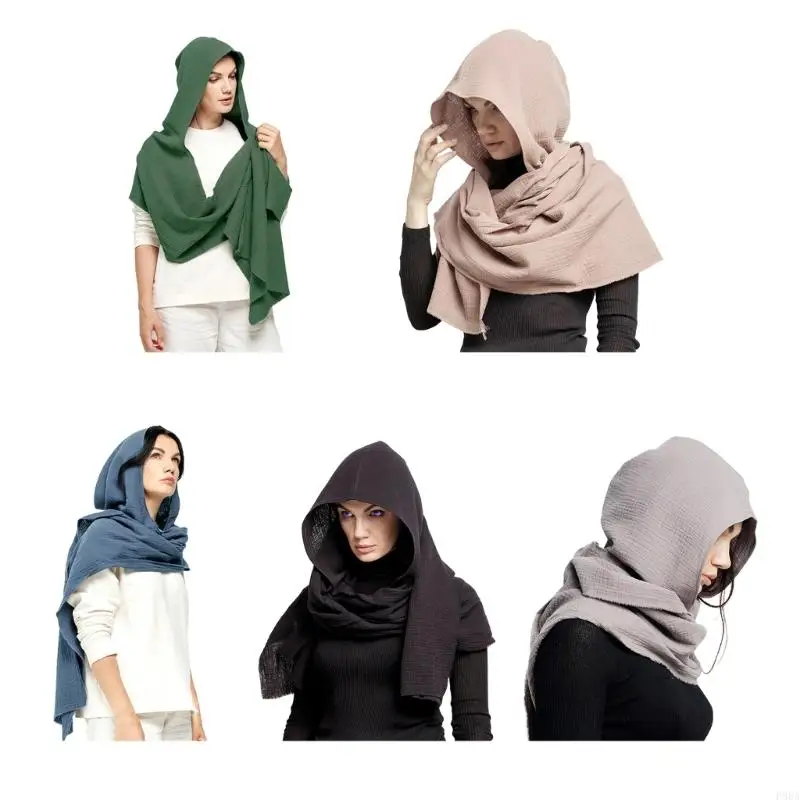 

P88A 2in1 Winter Hooded Scarf Warm Cotton Solid Color Pullover Hat Shawl for Woman