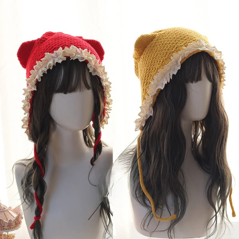 ロリータ ソフトガール 日本製 手作り帽子 ニット帽 レディース 秋冬 フレンチレース 暖かい帽子