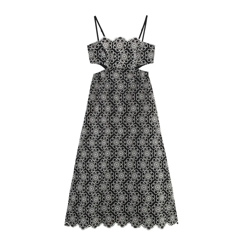 

New 2025 New Summer Ethnic Print Vacation Style Embroidered Strap Waist-Baring Dress