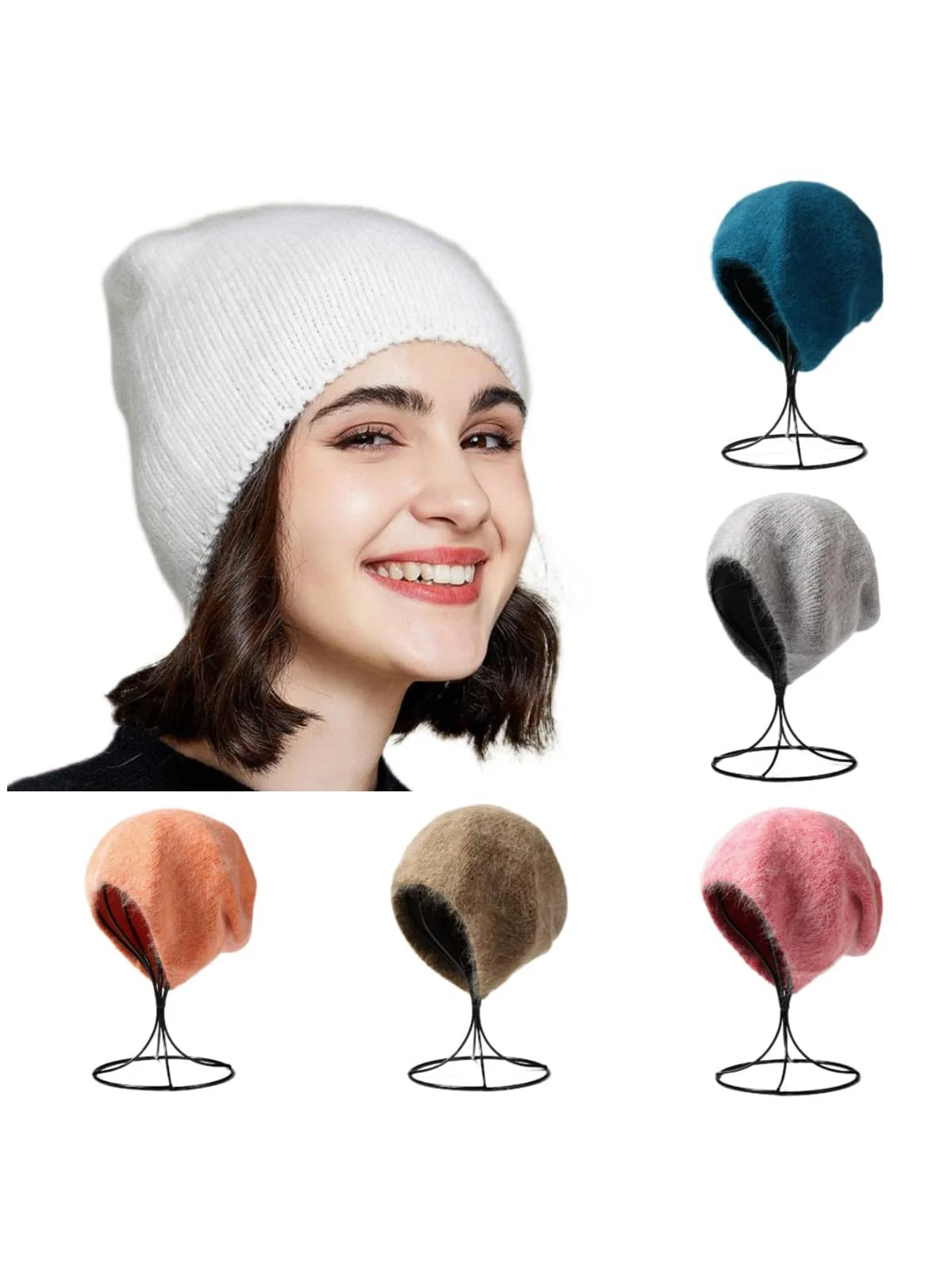 Chapeau tricoté épais et chaud en fourrure de lapin pour femmes, color bonbon, chapeau froid de Ski versátil europeo et