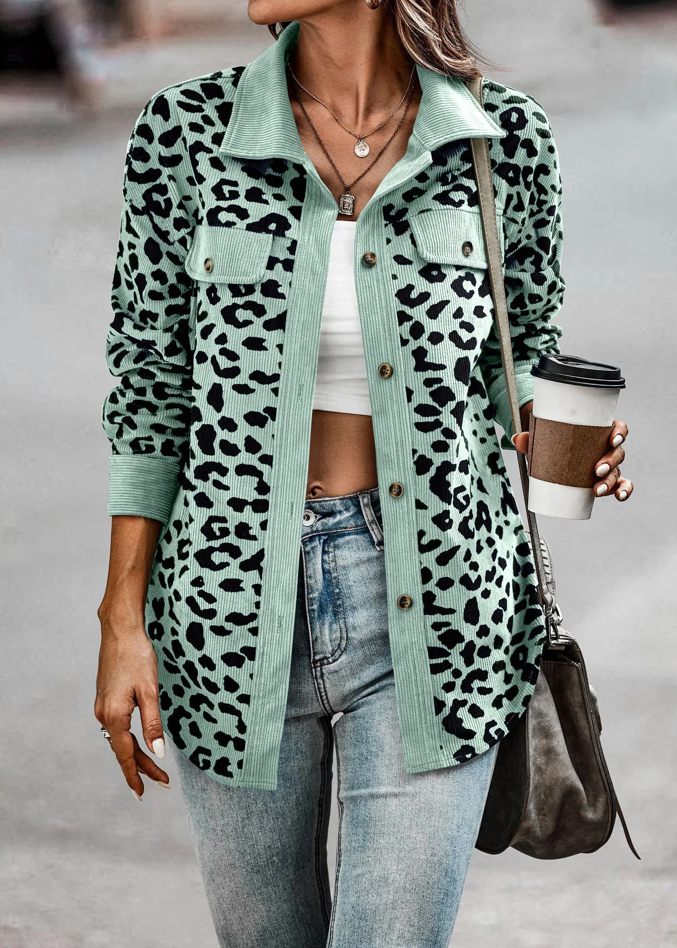 Autumn And Winter 2024 Fashion Leopard Print Button Long Sleeve Jacket Woman