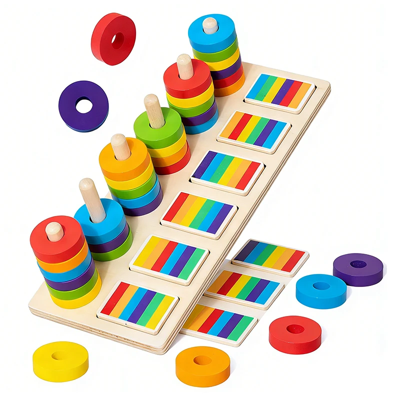 Montessori Memory Training Color Matching Game Wooden Rainbow Ring Set Colors Sorting Logical Thinking Children Educational Toys