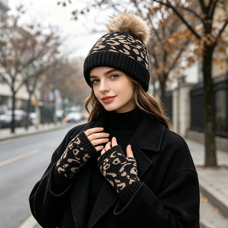 Women Winter Leopard Print Knit Beanie Hat Fingerless Gloves 2Pcs Set Faux Fur Pom pom Cuffed Warm Knitted Cap Matching Accessor