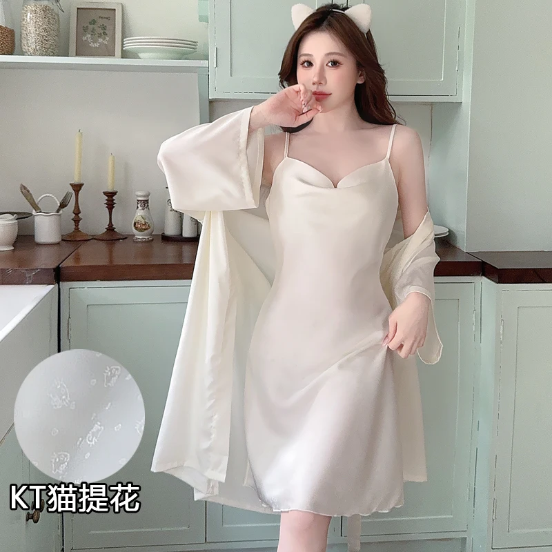 DAIMELU summer ice silk swinging collar suspender nightgown girls senior sense sweet bow jacquard sleepwear set pajamas suit