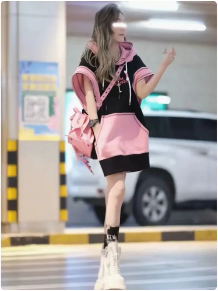 

Spring/Summer Women's Loose Hooded Sleeveless Top Fashion Spliced Female Street Style Pullover Sweater