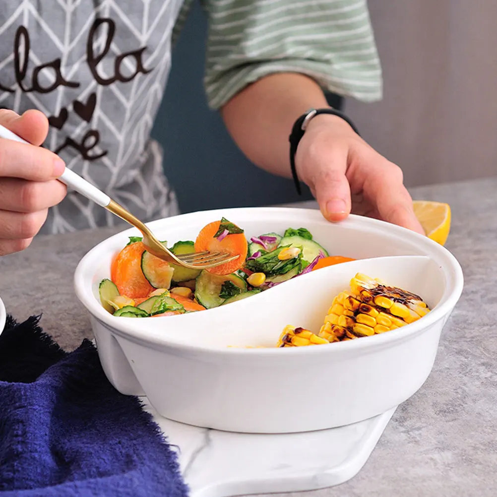 

Tai Chi Noodle Bowl Ceramic Japanese Style Divided Ramen Compartment Soup White Lid Microwavable Easy Clean