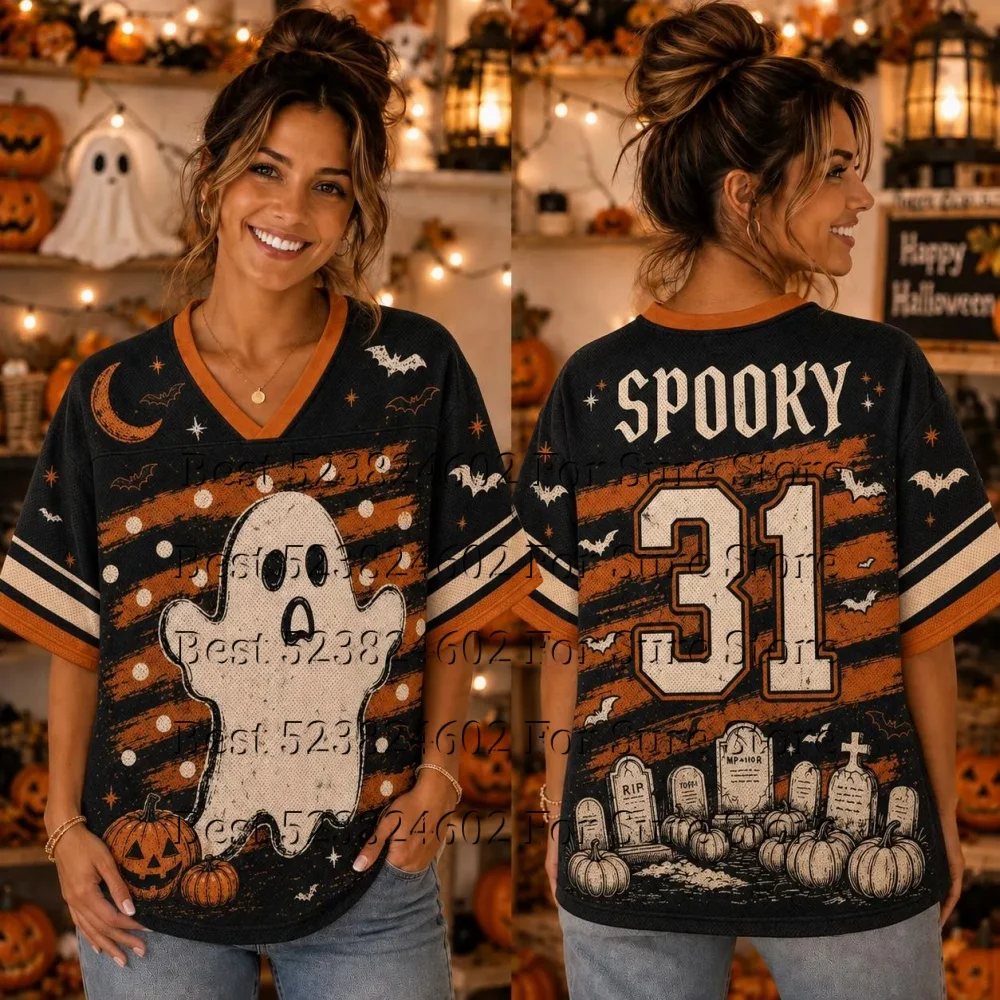 Halloween Spooky Squad Grafik-Mesh-Jersey-Shirt für Damen, Niedlicher Geist-Kürbis, V-Ausschnitt, Kurzarm, Locker, Sportliches Trick-Party-Outfit – Detail 6