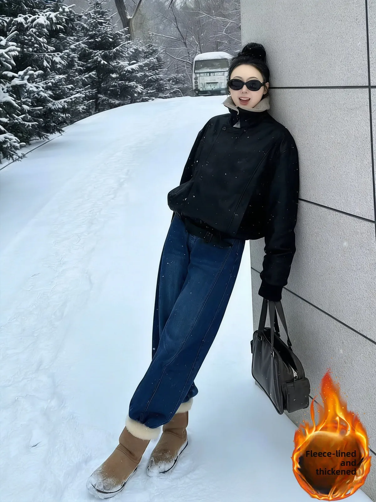 

Женские джинсы с высокой талией, на флисовой подкладке, прямого кроя, свободные широкие брюки для фигуры типа «груша», повседневные, для зимнего сезона