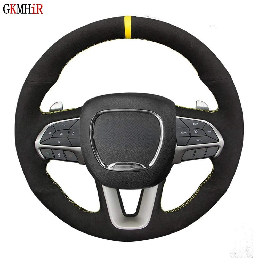 Anti-slip Black Genuine Leather Suede Car Steering Wheel Cover For Dodge Challenger Charger 2015-2021 Dodge Durango 2018-2021