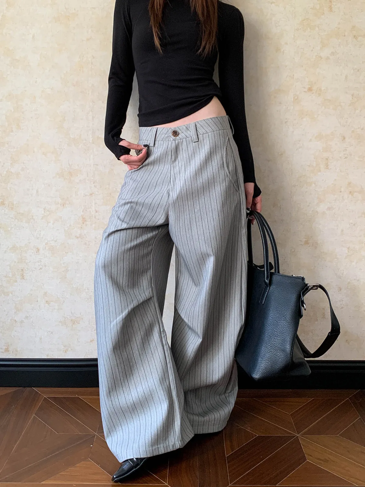 American Street Style Men's And Women's Knife Pleat Wide Leg Casual Pants Vertical Stripe 3D Tailoring Drapey Loose Fit Trousers