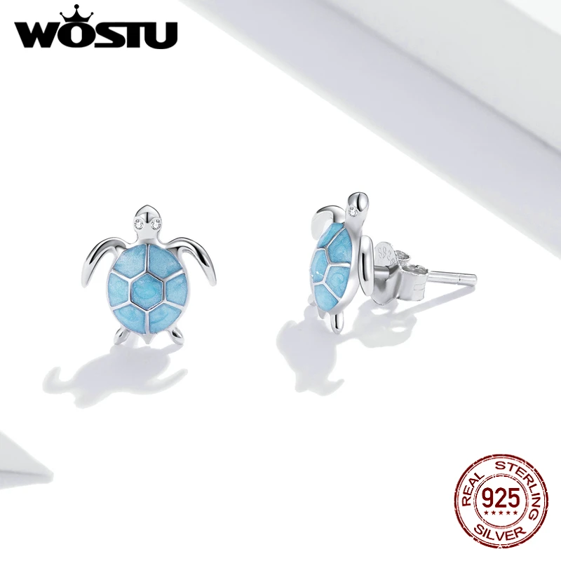 WOSTU 925 Sterling Silver Blue Sea Turtle Butterfly Kitty Ear Studs For Women Heart Flower s925 Hoop Earrings Fine Jewelry Gift