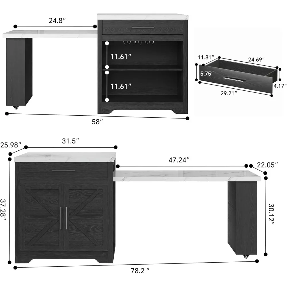 جزيرة المطبخ المتدحرجة على طراز المزرعة مع طاولة قابلة للتمديد لـ 4-6 مقاعد وتخزين وحامل زجاجي للنبيذ #2