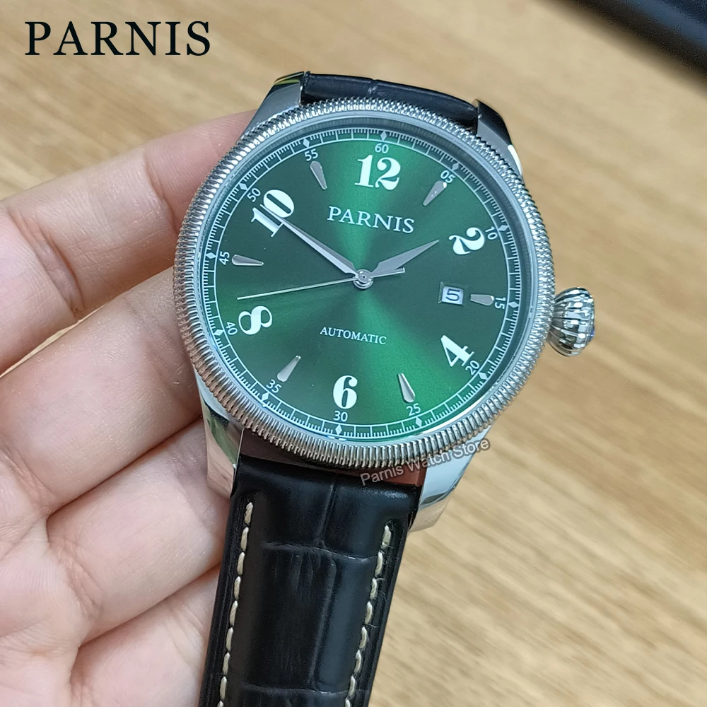 Parnis 42mm Silver Case Green Dial Men Mechanical Automatic Watch Green Leather Strap Calendar Sapphire Crystal Watch Case