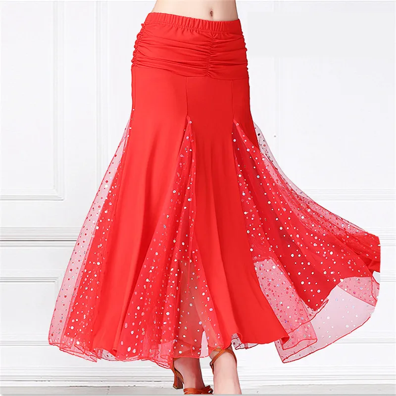 Ballroom dance dress women sequins half-length skirt high waist slim Square Flamenco Dance red color