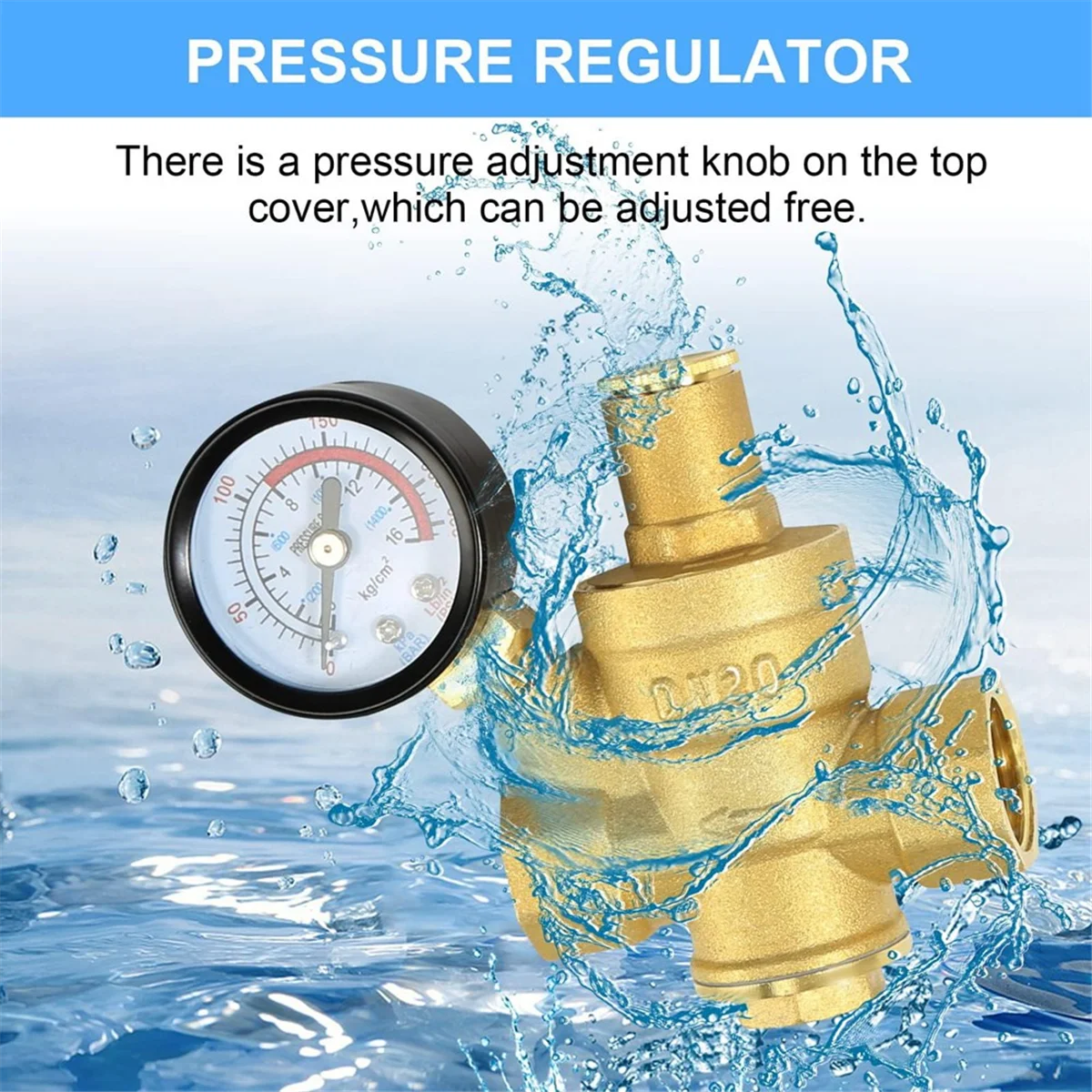 Water Pressure Regulator 3/4In with Gauge, Adjustable Water Pressure Reducing Valve for Water Pressure Regulator DN20